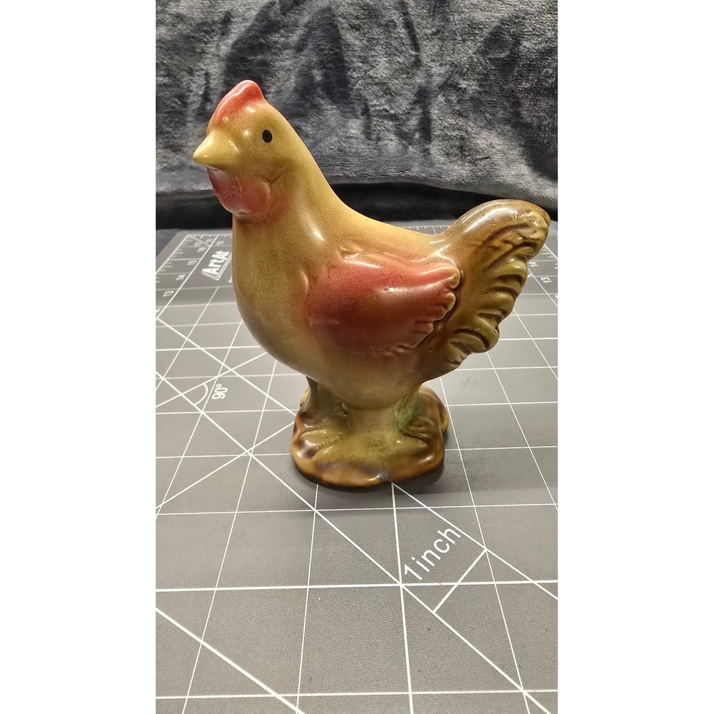 Vintage Ceramic Chicken Hen Figurine Farmhouse Kitchen Decor Tan Red Brown 4.5"